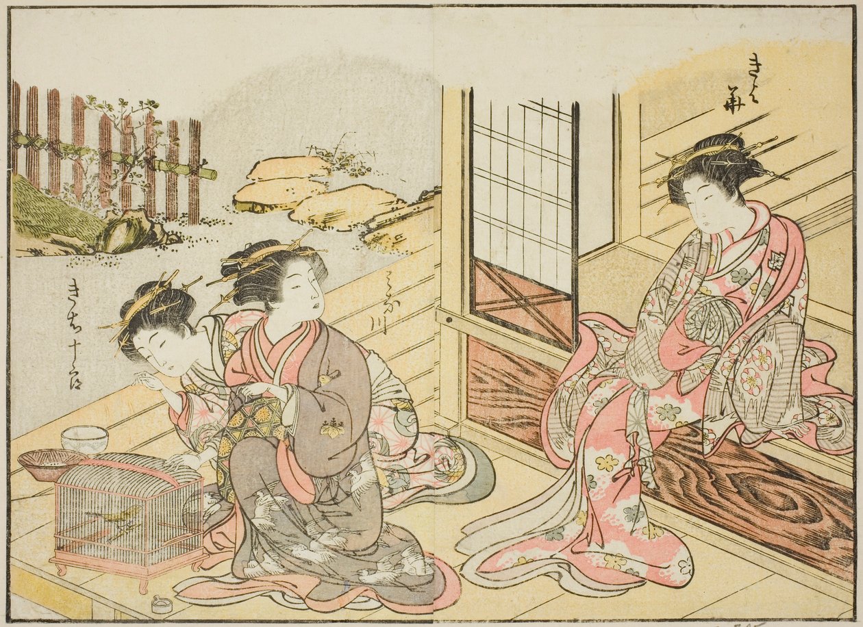 Cortigiane del Kagemanjiya, dal libro "Specchio delle Belle Donne dei Quartieri del Piacere (Seiro bijin awase sugata kagami)," vol. 1 da Katsukawa Shunsho