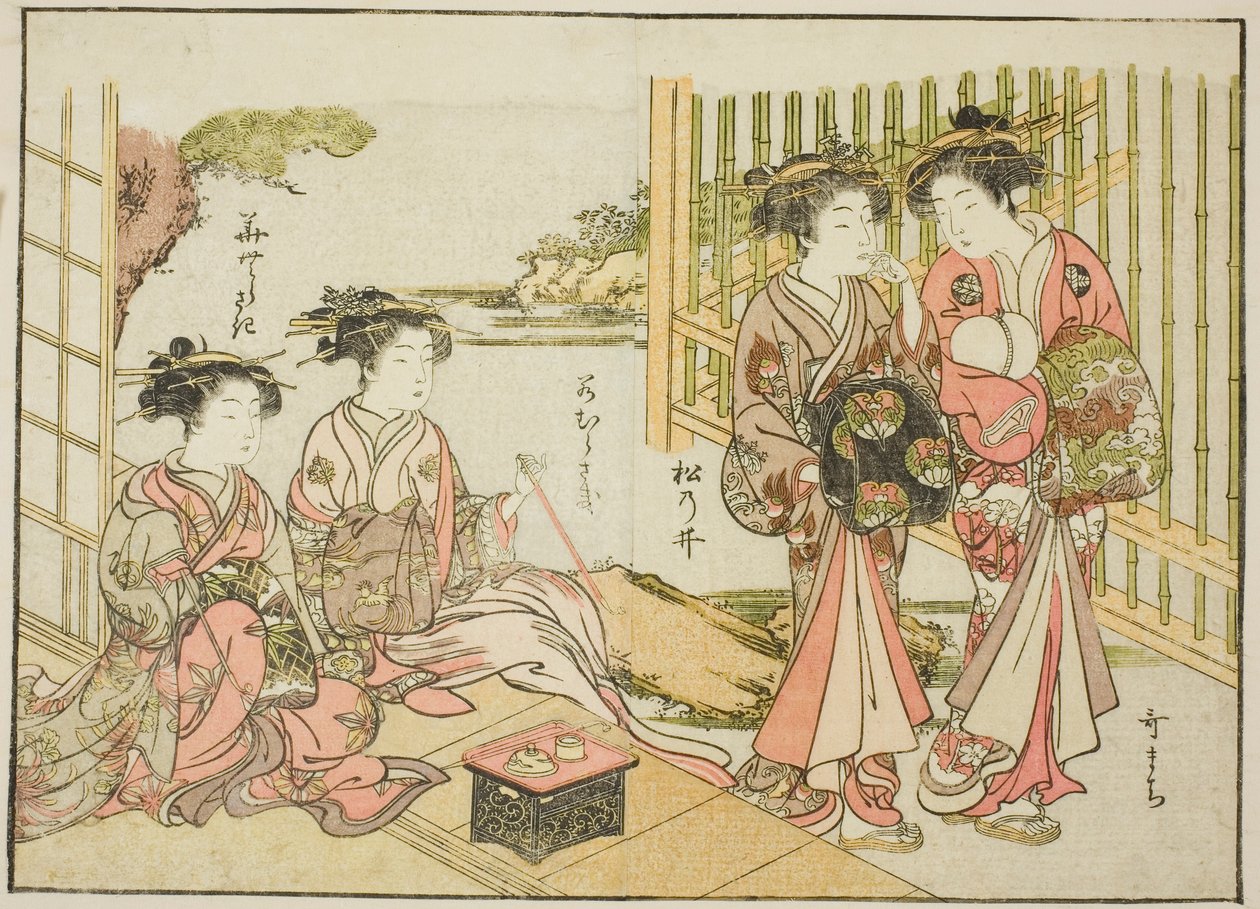 Cortigiane del Matsubaya, dal libro "Specchio delle belle donne dei quartieri del piacere (Seiro bijin awase sugata kagami)," vol. 1 da Katsukawa Shunsho