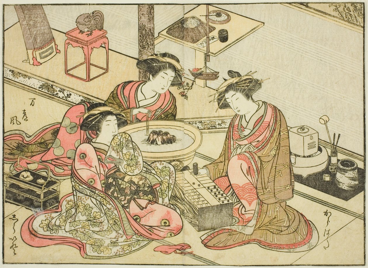 Cortigiane dello Yamashiroya, dal libro "Specchio delle belle donne dei quartieri del piacere (Seiro bijin awase sugata kagami)," vol. 2 da Katsukawa Shunsho