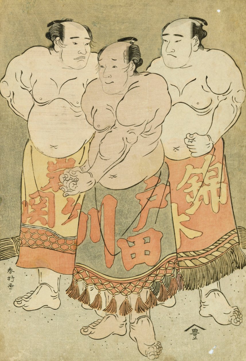 Ritratti a Figura Intera dei Lottatori Nishikigi, Todagawa e Iwagaseki che si Presentano nel Ring da Katsukawa Shunsho