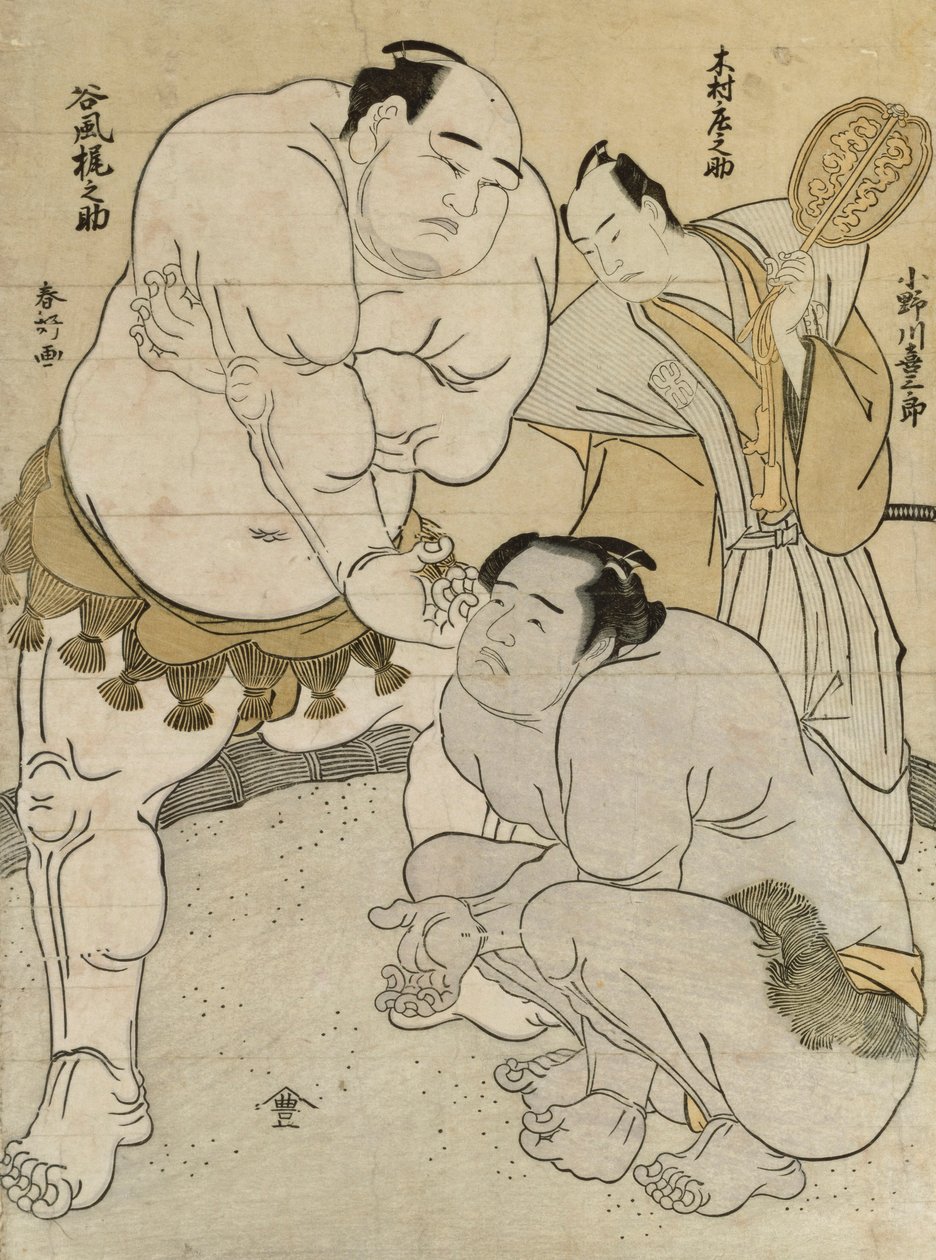Preparativi per il Match tra Onagawa Kisaburo e Tanikaze Kajinosuke, arbitrato da Kimura Shonosuke da Katsukawa Shunsho