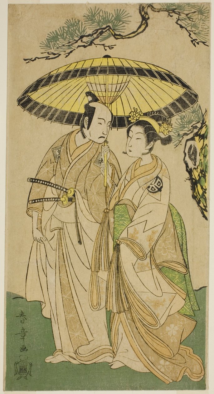 Gli attori Arashi Hinaji I (destra) e Ichikawa Komazo II (sinistra), come Principessa Sakura (Sakura Hime) (?) e Shimizu Tonoinosuke (?), nella commedia Soga Moyo Aigo no Wakamatsu (?), rappresentata al Teatro Nakamura (?) nel terzo mese, 1769 (?) da Katsukawa Shunsho