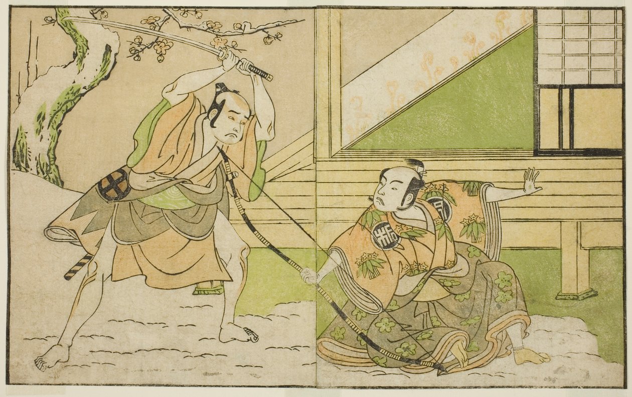 Gli attori Arashi Sangoro II come Hojo Tokiyori (destra), e Otani Hiroji III come Koga Saburo (sinistra), nella commedia Kono Hana Yotsugi no Hachi no Ki, rappresentata al Teatro Ichimura nell