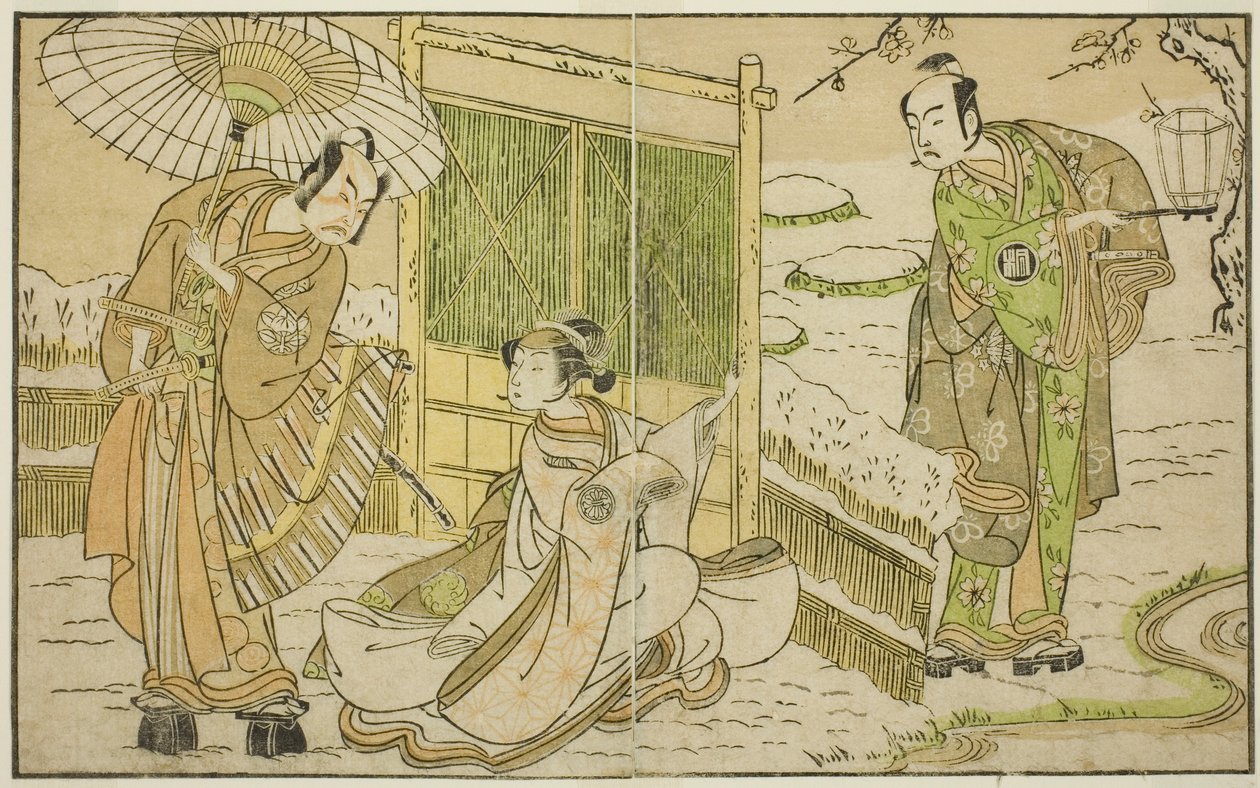 Gli Attori Arashi Sangoro II come Minamoto no Yoritomo (destra), Segawa Kikunojo II come Yuki Onna (centro) e Ichimura Uzaemon IX come Kajiwara Genta no Kagetoki, nella commedia Myoto-giku Izu no Kisewata, eseguita al Teatro Ichimura nell