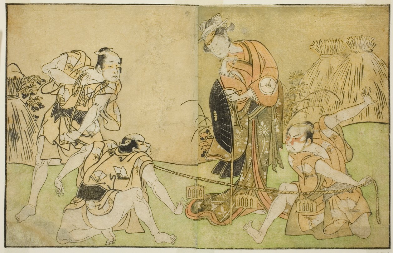 Gli attori Bando Zenji I come Nagahashi Saburo, Iwai Hanshiro IV come Otatsu-gitsune, Nakamura Konozo come Hagai Ujitsune e un attore non identificato (da destra a sinistra), nella commedia Nue no Mori Ichiyo no Mato, rappresentata al Teatro Nakamura nell