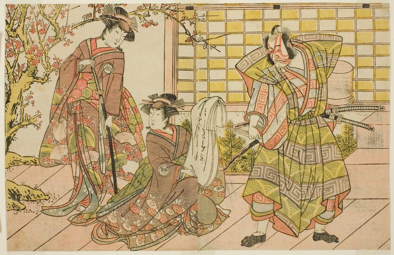 Gli attori Ichikawa Danjuro V come Miura Kunitae (destra), Segawa Kikunojo III come Yasukata (centro), e Iwai Hanshiro IV come Utou (sinistra), nella commedia Godai Genji Mitsugi no Furisode, rappresentata al Teatro Nakamura nell