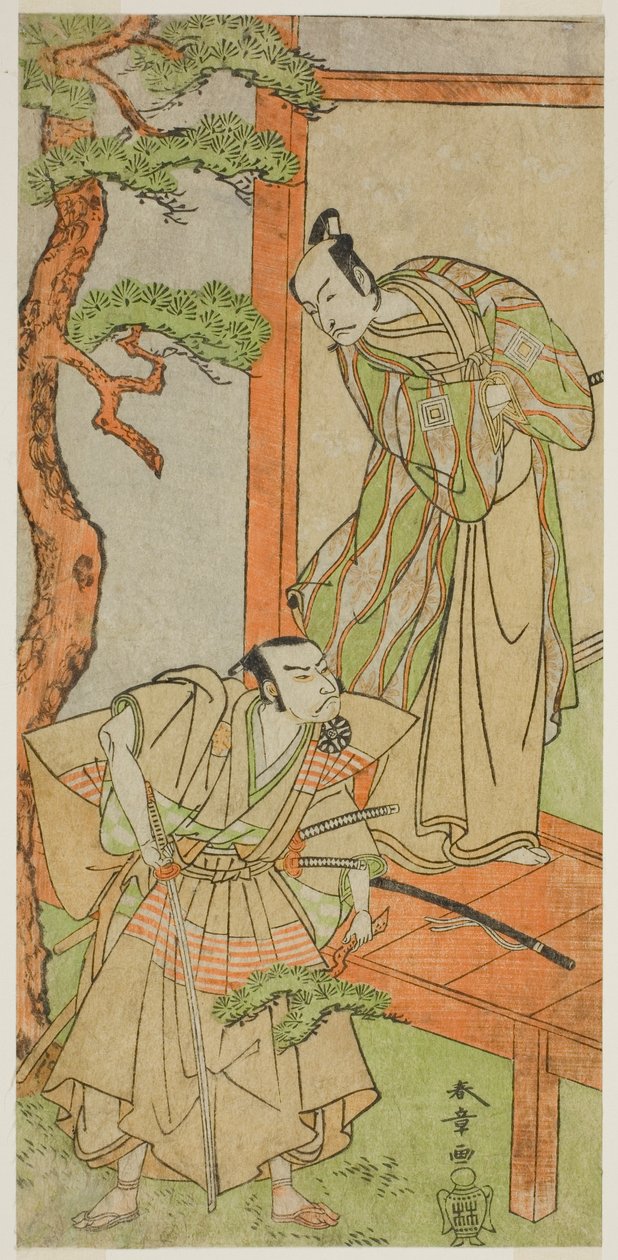 Gli attori Ichikawa Danjuro V come Momonoi Wakasanosuke (destra) e Nakamura Nakazo I come Kakogawa Honzo (sinistra), nella commedia Kanadehon Chushingura, rappresentata al Teatro Nakamura nel quinto mese, 1771 da Katsukawa Shunsho