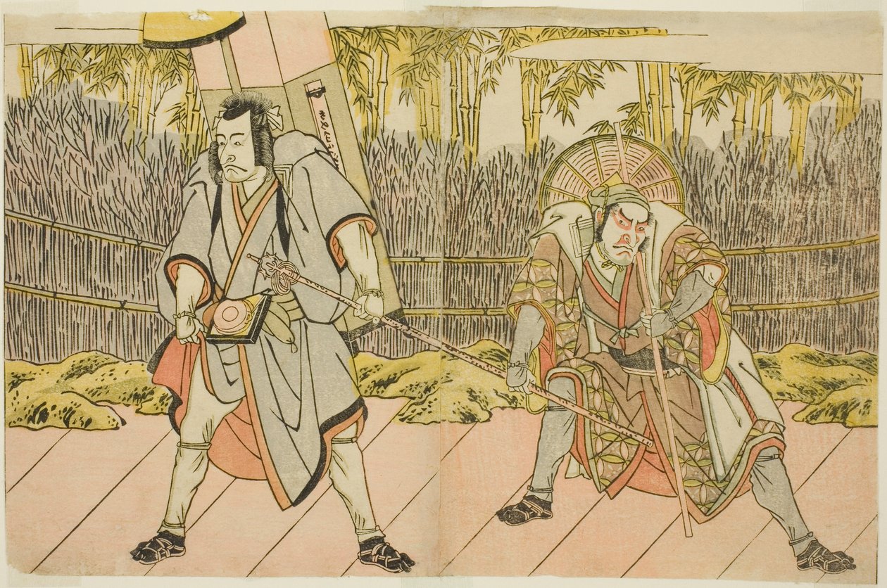 Gli attori Ichikawa Danzo IV come Arakawa Taro Takesada travestito da portatore di palanchino Tarobei (a destra), e Ichikawa Danjuro V come Abe no Sadato travestito da pellegrino Kuriyagawa Jirodayu (a sinistra), nella commedia Godai Genji Mitsugi no Furis da Katsukawa Shunsho