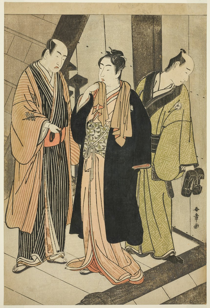 Gli attori Ichikawa Monnosuke II (sinistra), Iwai Hanshiro IV (centro) e Iwai Karumo (?) (destra), su un molo dietro le quinte da Katsukawa Shunsho