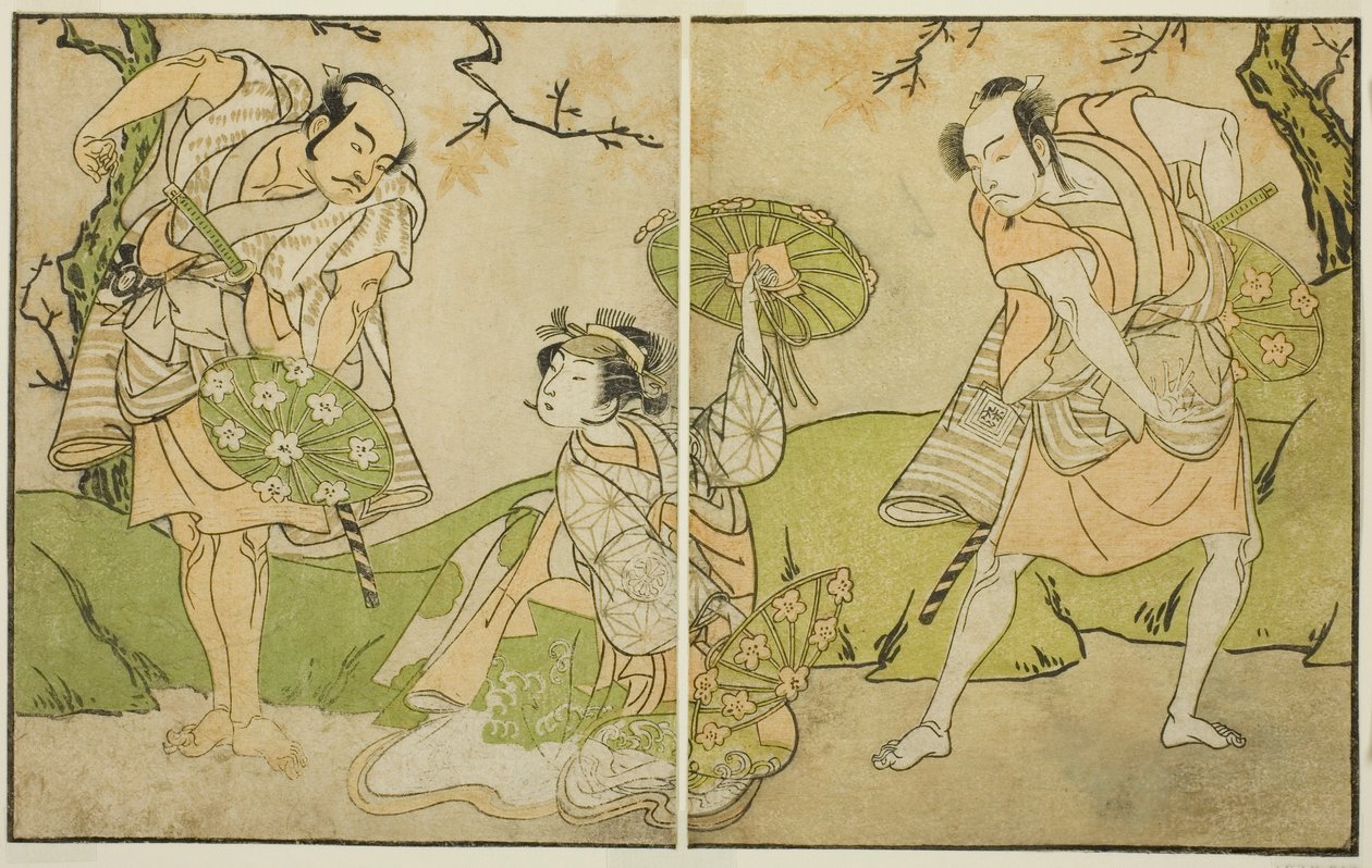 Gli Attori Ichikawa Somegoro (destra), Segawa Kikunojo II (centro), e Bando Sampachi (sinistra), in Ruoli Non Identificati nella Commedia Myoto-giku Izu no Kisewata, Rappresentata al Teatro Ichimura nell