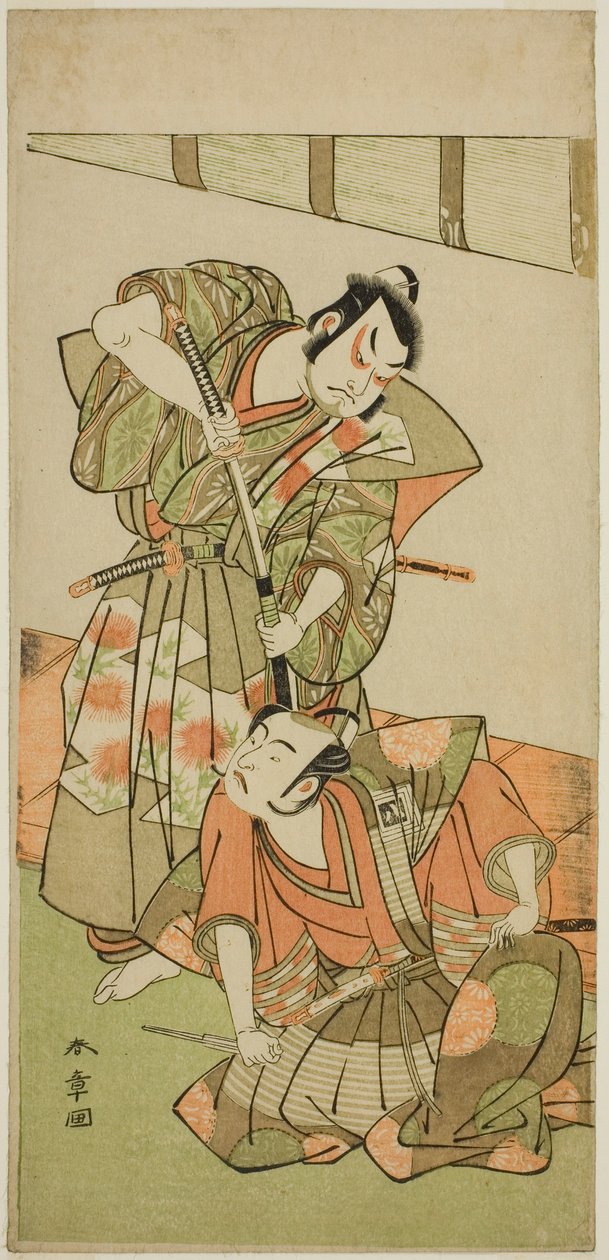 Gli attori Ichikawa Yaozo II come Konoshita Hyokichi (?), e Sakata Hangoro II come Matsunaga Daizen Hisahide (?), nella commedia Gion Sairei Shinko Ki (?), rappresentata al Teatro Ichimura (?) nel quinto mese del 1775 (?) da Katsukawa Shunsho