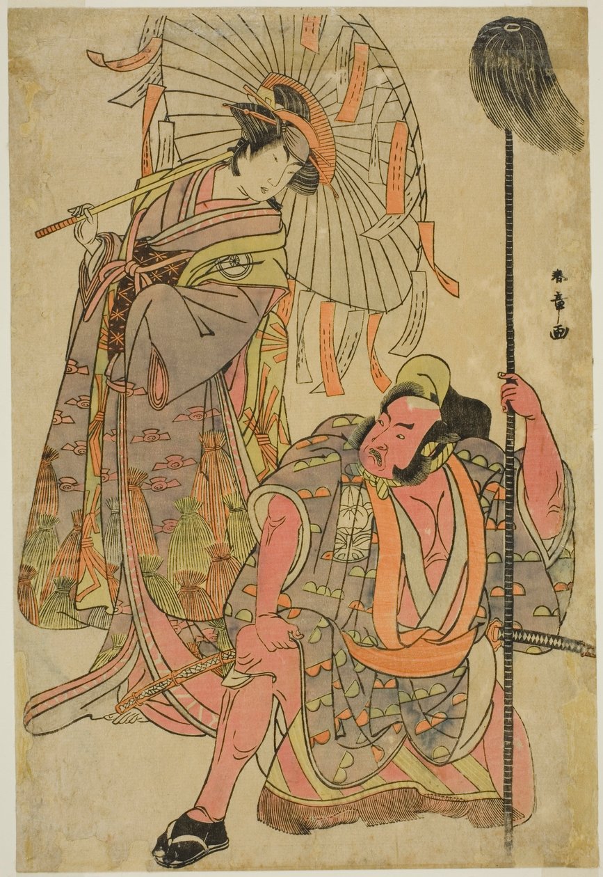 Gli attori Ichimura Uzaemon IX come Hata no Daizen Taketora travestito da Yakko Matahei (destra), e Iwai Hanshiro IV come Umegae travestito da Omatsu, nella commedia Mukashi Otoko Yuki no Hinagata, rappresentata al Teatro Ichimura da Katsukawa Shunsho