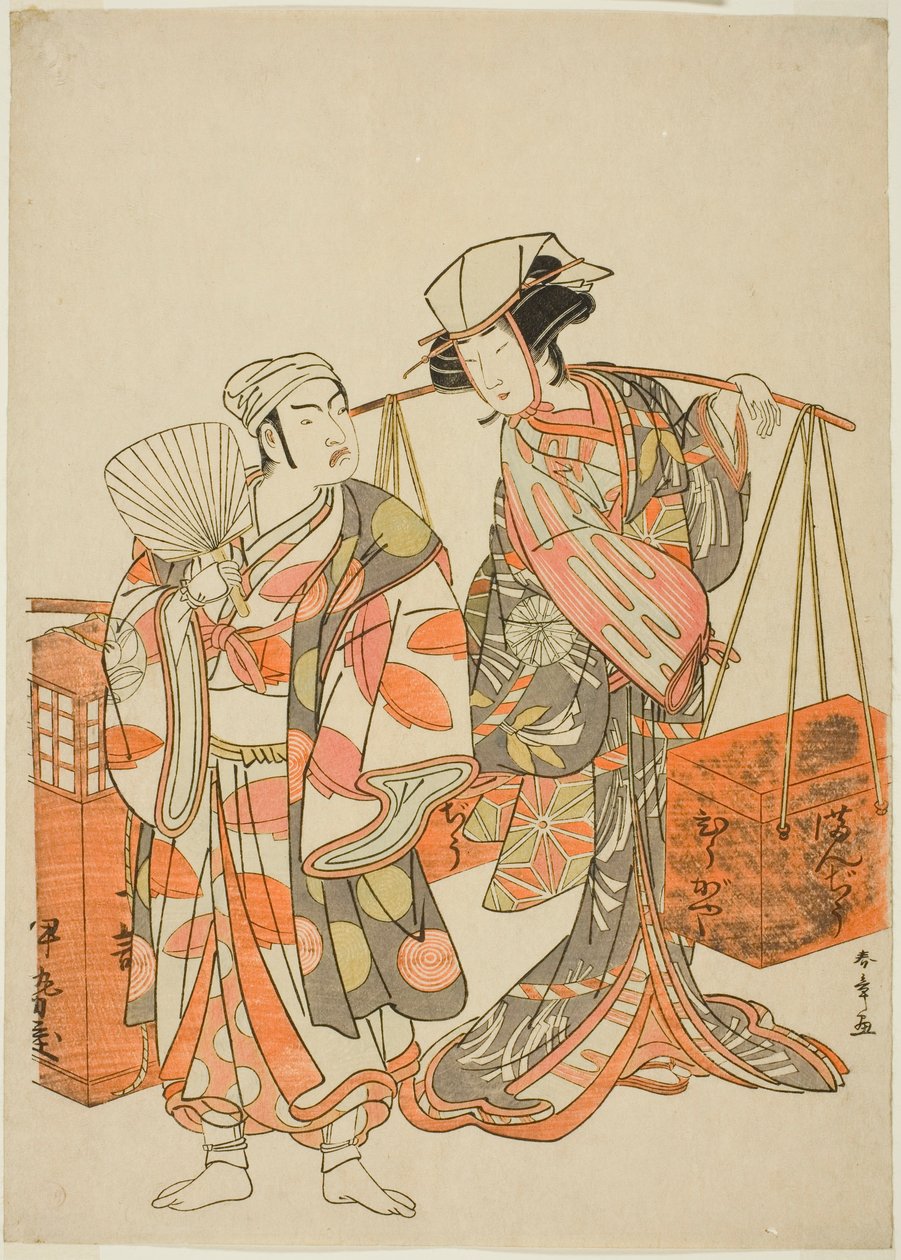 Gli attori Ichimura Uzaemon IX come una volpe maschio travestita da venditore di sake Iseya (a sinistra) e Nakamura Tomijuro I come una volpe femmina travestita da venditrice di dolci Hyugaya, nella sequenza di danza "Myoto-zake Kawaranu Nakanaka" (Armonia da Katsukawa Shunsho