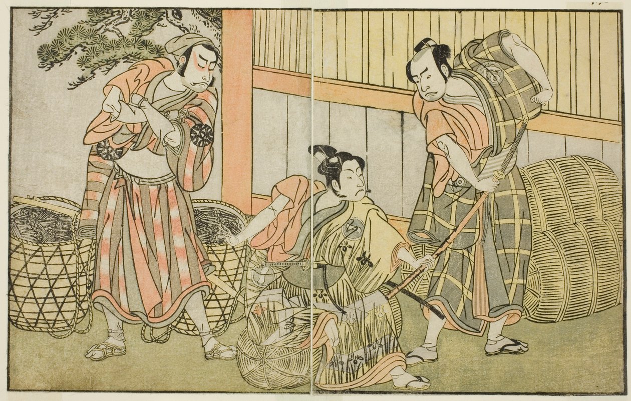 Gli attori Kasaya Matakuro II come Hagun Taro (destra), Ichikawa Monnosuke II come Izutsu no Suke Narihira (centro), e Nakamura Nakazo I come Kose no Kanaoka travestito da Sogoro il carbonaro, nella commedia Kuni no Hana Ono no Itsumoji, rappresentata al N da Katsukawa Shunsho