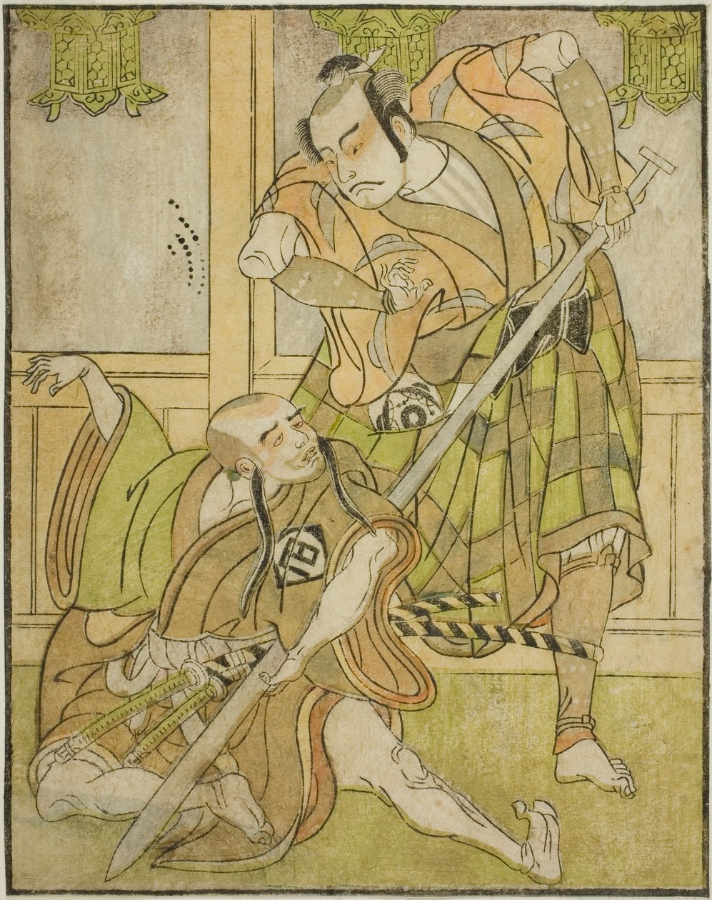 Gli attori Kasaya Matakuro II come Nobuyori travestito da Yakko Gunnai (a destra), e Miyazaki Hachizo come il monaco laico Hambyo Nyudo (a sinistra), nella commedia Nue no Mori Ichiyo no Mato, rappresentata al Teatro Nakamura nell