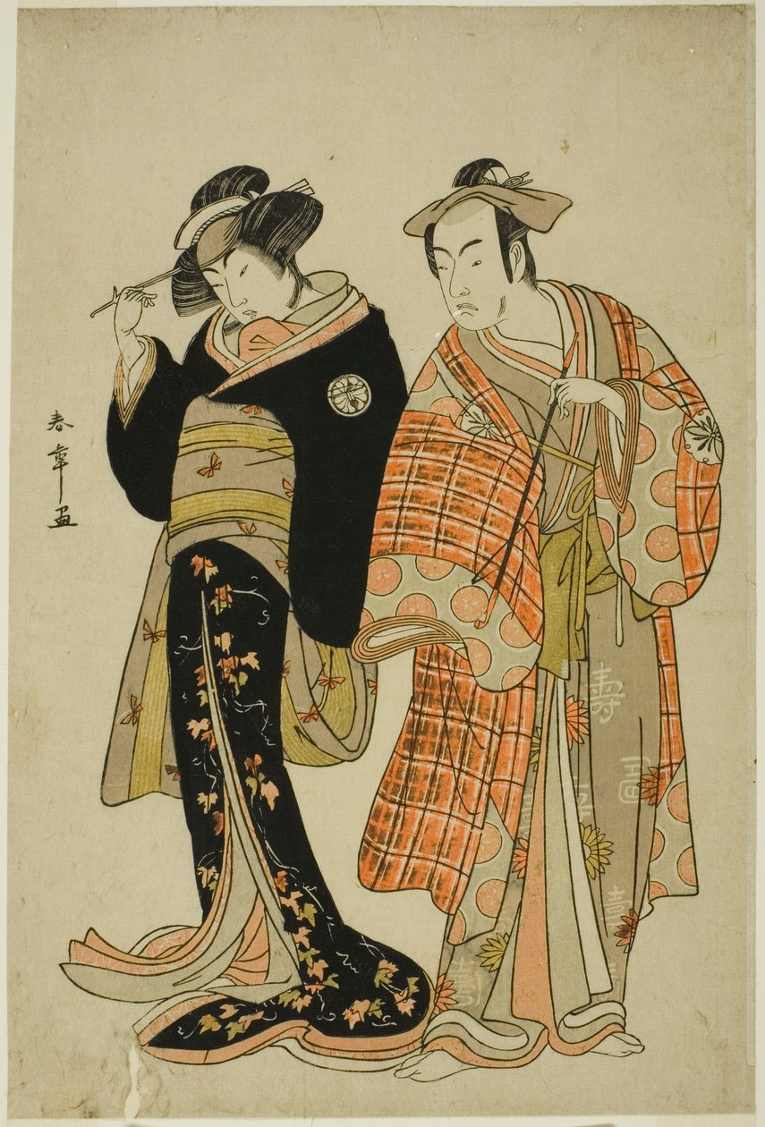 Gli attori Matsumoto Koshiro IV e Segawa Kikunojo III come gli amanti Choemon (destra) e Ohan (sinistra), nella scena della fuga "Michiyuki Segawa no Adanami" (Una fuga: Onde traditrici nel fiume poco profondo), un interludio di danza dalla Parte Due del d da Katsukawa Shunsho