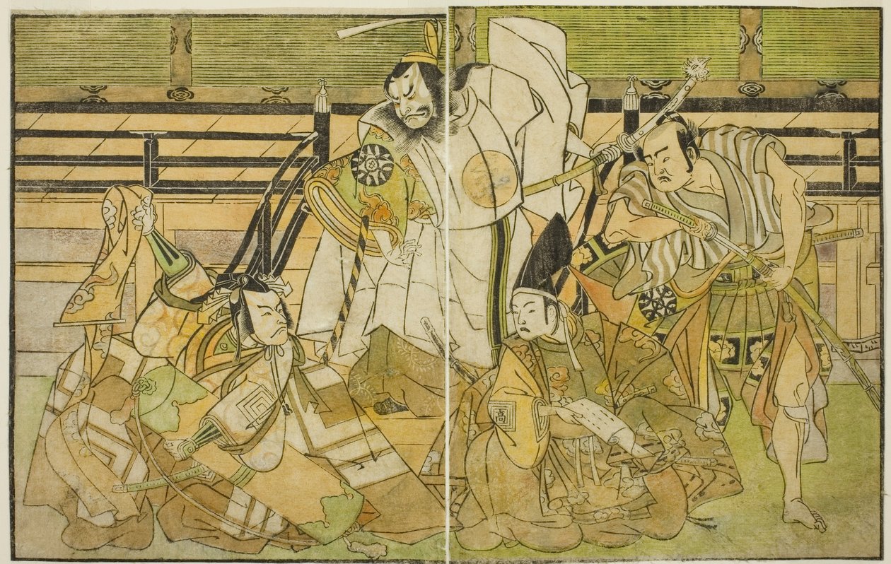 Gli attori Nakamura Denkuro II come Seno-o Taro, Ichikawa Komazo II come Yorimasa, Nakamura Nakazo I come Taira no Kiyomori, e Ichikawa Danjuro V come Kiou Takiguchi (da destra a sinistra), nella commedia Nue no Mori Ichiyo no Mato, rappresentata al Teatro da Katsukawa Shunsho
