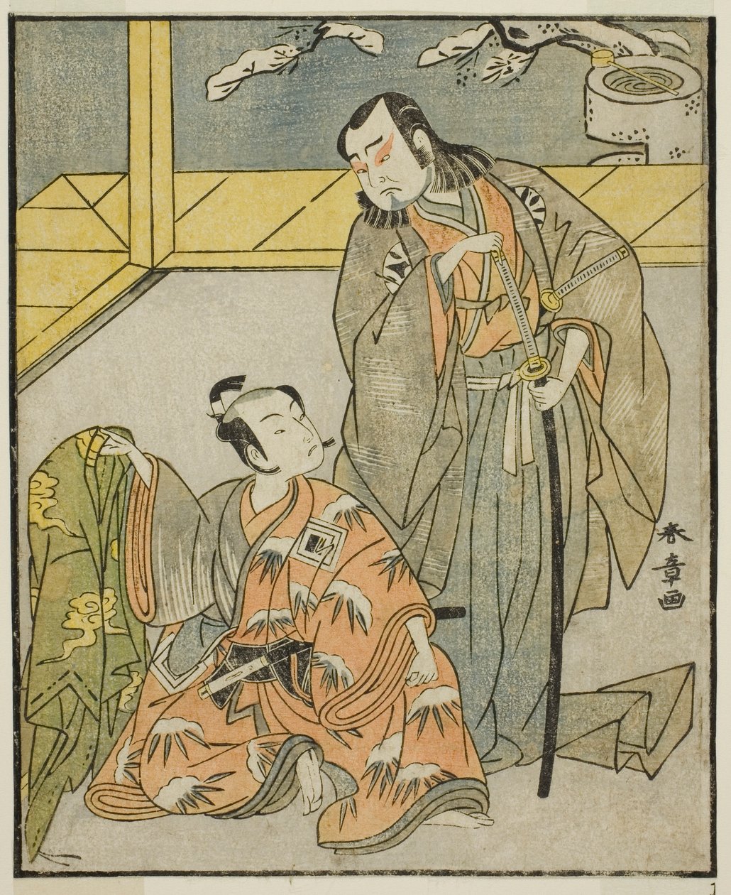 Gli attori Nakamura Denkuro II come Suma no Dairyo (a destra), e Ichikawa Komazo II come Ariwara no Yukihira (a sinistra), nel dramma Kuni no Hana Ono no Itsumoji, rappresentato al Teatro Nakamura nell