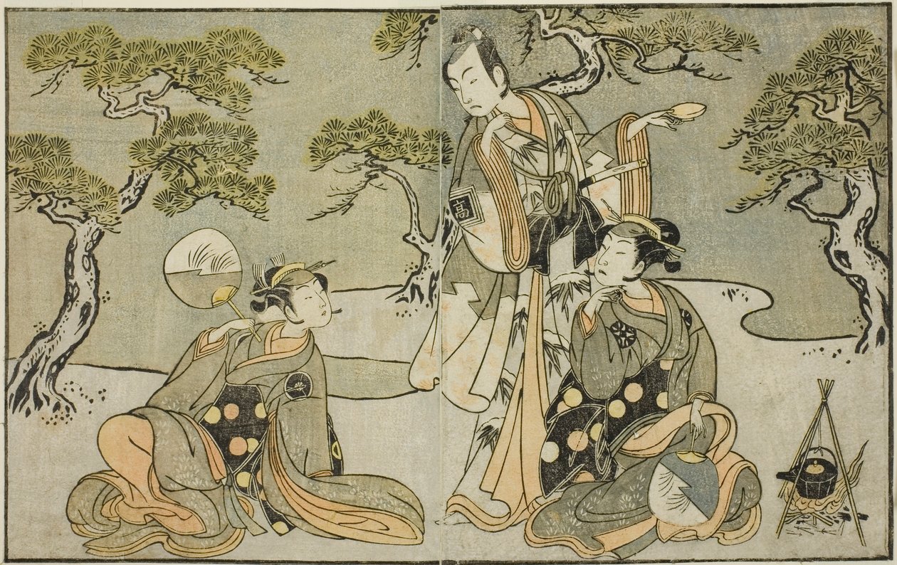 Gli Attori Nakamura Nakazo I come Matsukaze (destra), Ichikawa Komazo II come Ariwara no Yukihira (centro), e Iwai Hanshiro IV come Murasame (sinistra), nella Commedia Kuni no Hana Ono no Itsumoji, rappresentata al Teatro Nakamura nell