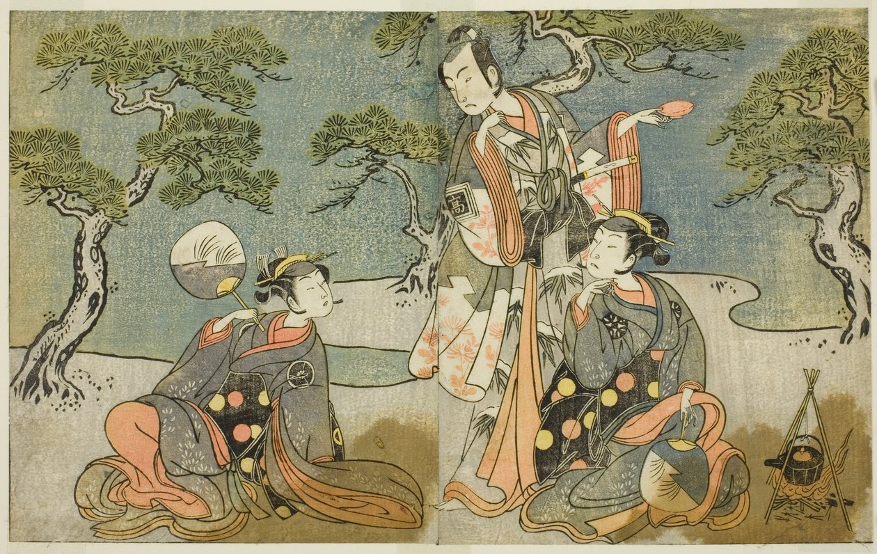 Gli attori Nakamura Nakazo I come Matsukaze (destra), Ichikawa Komazo II come Ariwara no Yukihira (centro), e Iwai Hanshiro IV come Murasame (sinistra), nella commedia Kuni no Hana Ono no Itsumoji, rappresentata al Teatro Nakamura nell