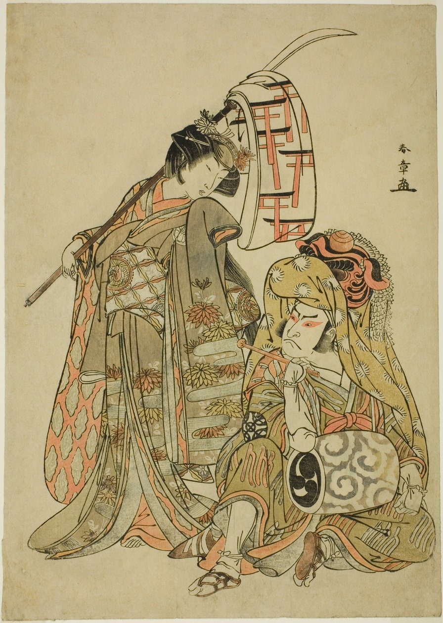 Gli attori Nakamura Nakazo I come Onmaya Kisanda vestito da Kakubei il danzatore del leone (Kakubei-jishi) (destra) e Segawa Kikunojo III come Shizuka Gozen (sinistra), nella sequenza di danza "Myoto-zake Kawaranu Nakanaka" (Armonia eterna della coppa matr da Katsukawa Shunsho