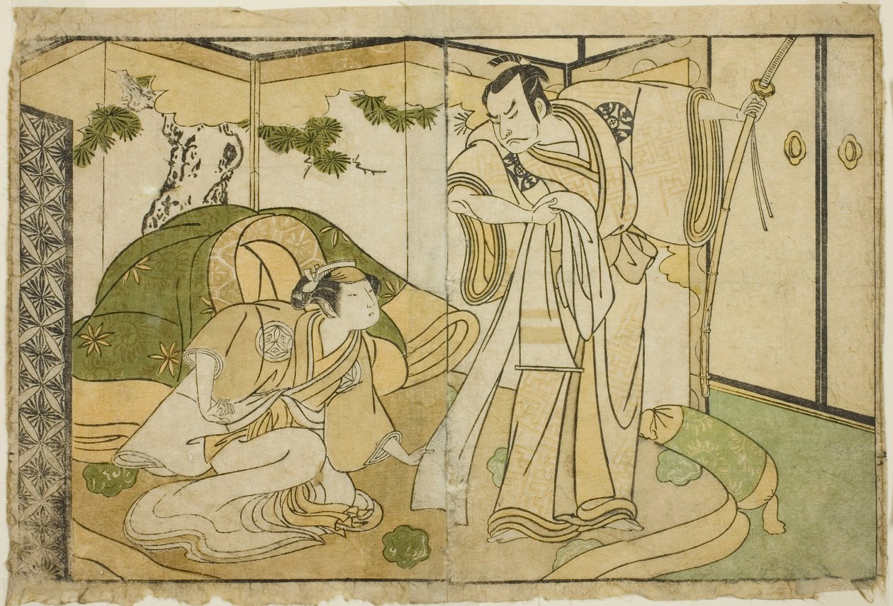 Gli Attori Nakamura Nakazo I come Taira no Kiyomori (destra), e Yamashita Kinsaku II come Tokiwa Gozen (sinistra), nella Commedia Nue no Mori Ichiyo no Mato, Rappresentata al Teatro Nakamura nell