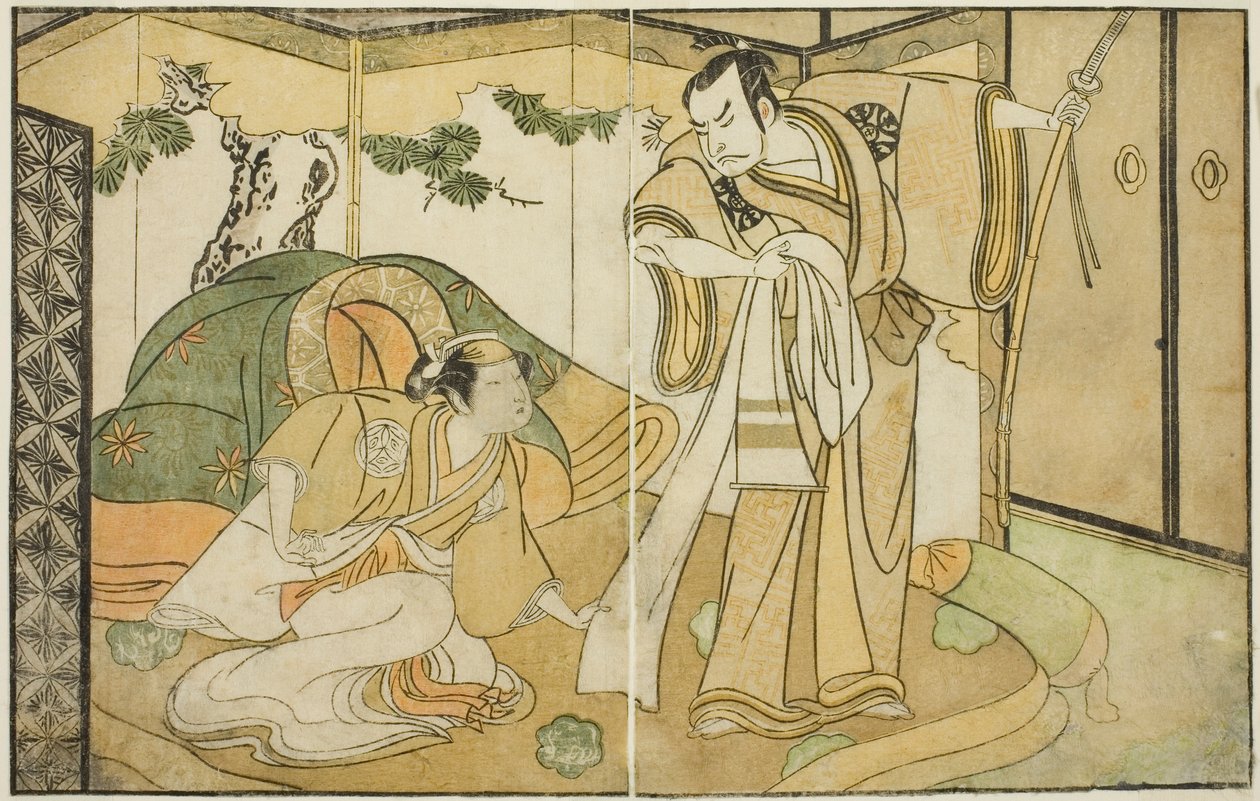 Gli attori Nakamura Nakazo I come Taira no Kiyomori (destra), e Yamashita Kinsaku II come Tokiwa Gozen (sinistra), nella commedia Nue no Mori Ichiyo no Mato, rappresentata al Teatro Nakamura nell