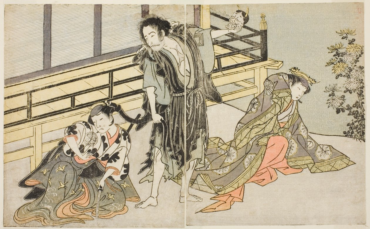 Gli attori Nakamura Noshio I come Nyosan no Miya (destra), Ichikawa Danjuro V come il monaco rinnegato Yochin (centro), e Yamashita Kinsaku II come la cameriera Mutsuhana (sinistra), nella commedia Fuki Kaete Tsuki mo Yoshiwara, rappresentata al Teatro Mor da Katsukawa Shunsho
