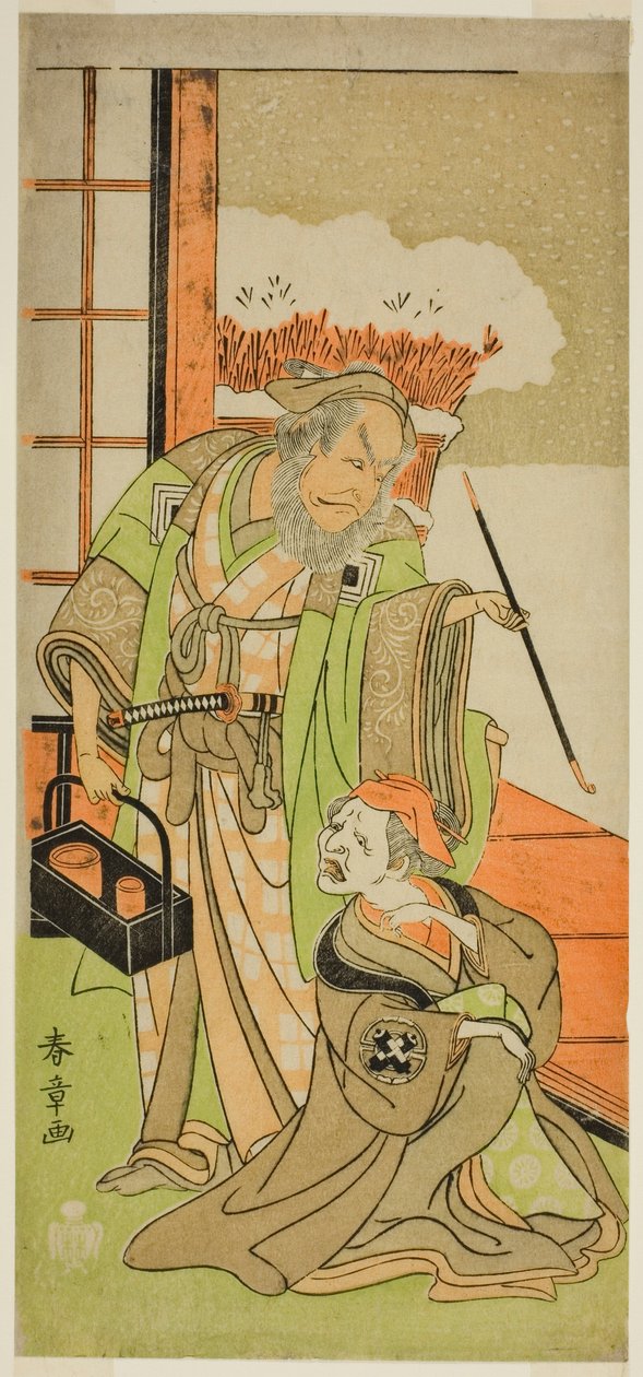 Gli attori Nakamura Utaemon I come Karashi Baba (a destra), e Ichikawa Danjuro IV come Sanshodayu (a sinistra), nella commedia Kawaranu Hanasakae Hachi no Ki, rappresentata al Teatro Nakamura nell