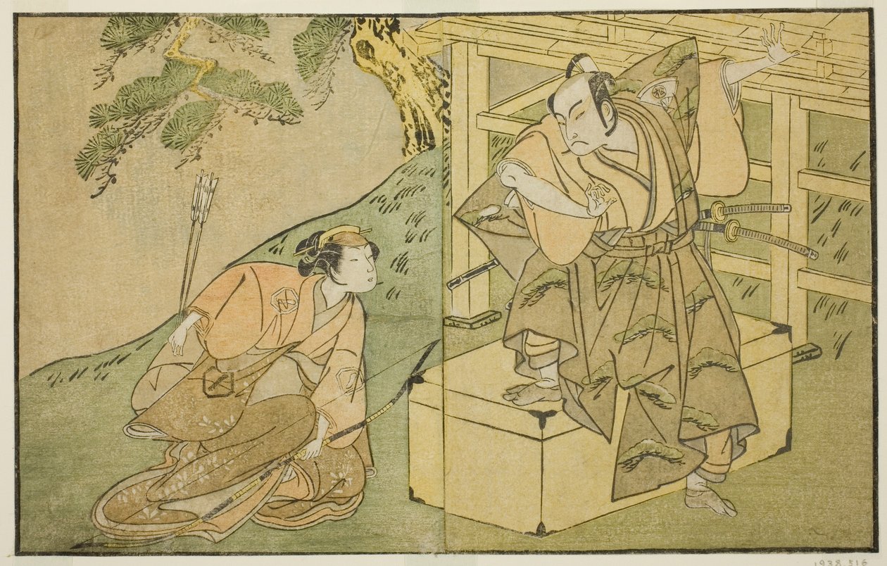 Gli attori Onoe Matsusuke I come Akaboshi Taro (a destra), e Azuma Tozo II come Shirotae (a sinistra), nella commedia Kono Hana Yotsugi no Hachi no Ki, rappresentata al Teatro Ichimura nell