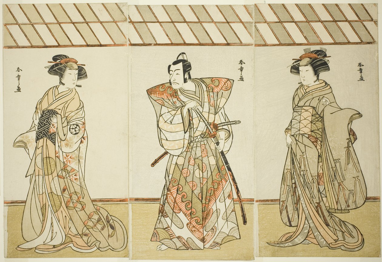 Gli attori Onoe Tamizo I come Nishikigi (?) o Otae (?) (destra), Ichikawa Danjuro V come Miura Heidayu Kunitae (?) (centro), e Osagawa Tsuneyo II come Oyuki (?) (sinistra), nella commedia Date Nishiki Tsui no Yumitori (?), rappresentata al Teatro Morita (? da Katsukawa Shunsho