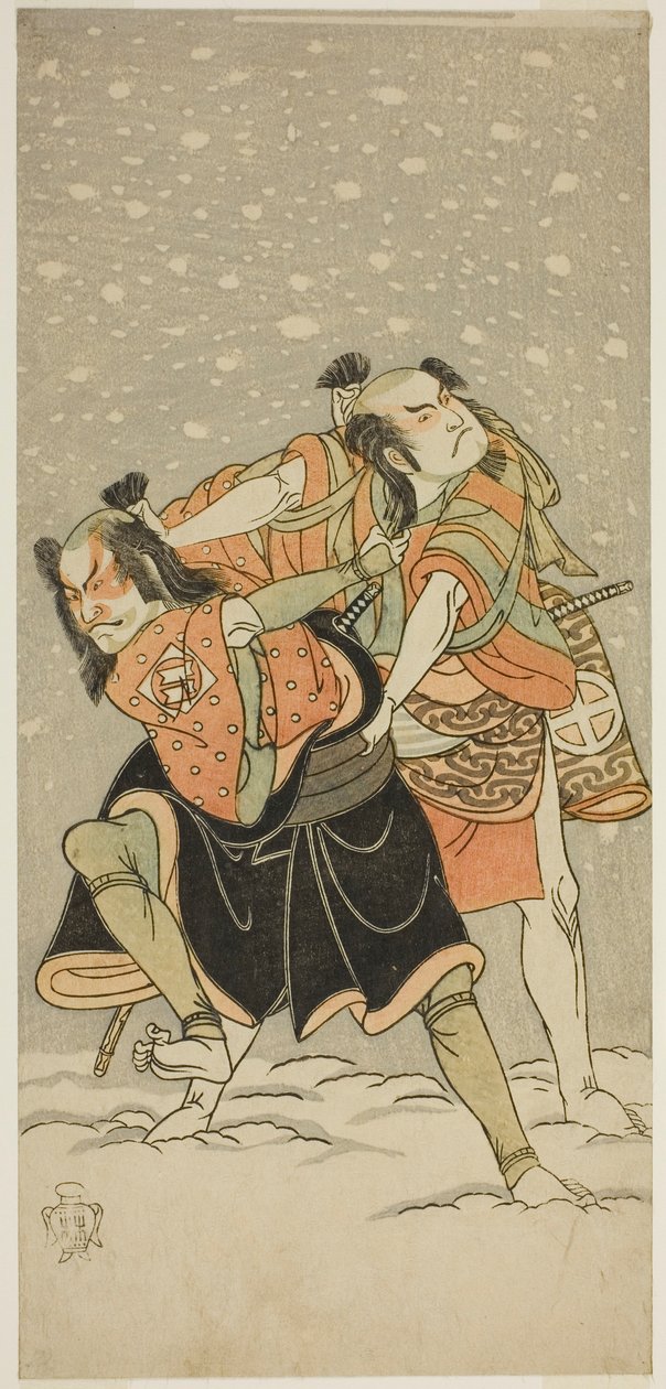 Gli attori Otani Hiroji III come Kameo (a destra), e Sakata Sajuro I come Ario (a sinistra), nella commedia Hime Komatsu Ne no Hi Asobi, rappresentata al Teatro Ichimura nel nono mese del 1768 da Katsukawa Shunsho