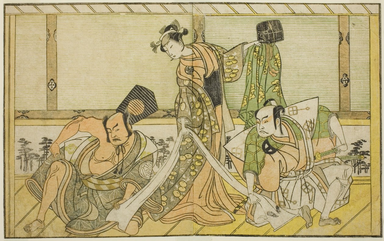 Gli attori Otani Hiroji III come Kawazu no Saburo (destra), Segawa Kikunojo II come Principessa Tatsu (Tatsu Hime) (centro), e Nakamura Sukegoro II come Matano no Goro (sinistra), nella commedia Myoto-giku Izu no Kisewata, rappresentata al Teatro Ichimura  da Katsukawa Shunsho