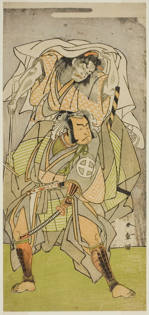 Gli attori Otani Hiroji III come Koga Saburo e Ichimura Uzaemon IX come il Diavolo di Kogakeyama, lo Spirito di Wakasa no Zenji Yasumura, nella commedia Kono Hana Yotsugi no Hachi no Ki, rappresentata al Teatro Ichimura nell