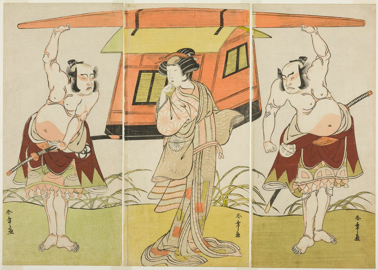 Gli attori Otani Hiroji III come Yokambei (destra), Nakamura Tomijuro I come Kuzunoha (centro), e Bando Mitsugoro I come Yakambei (sinistra), nell