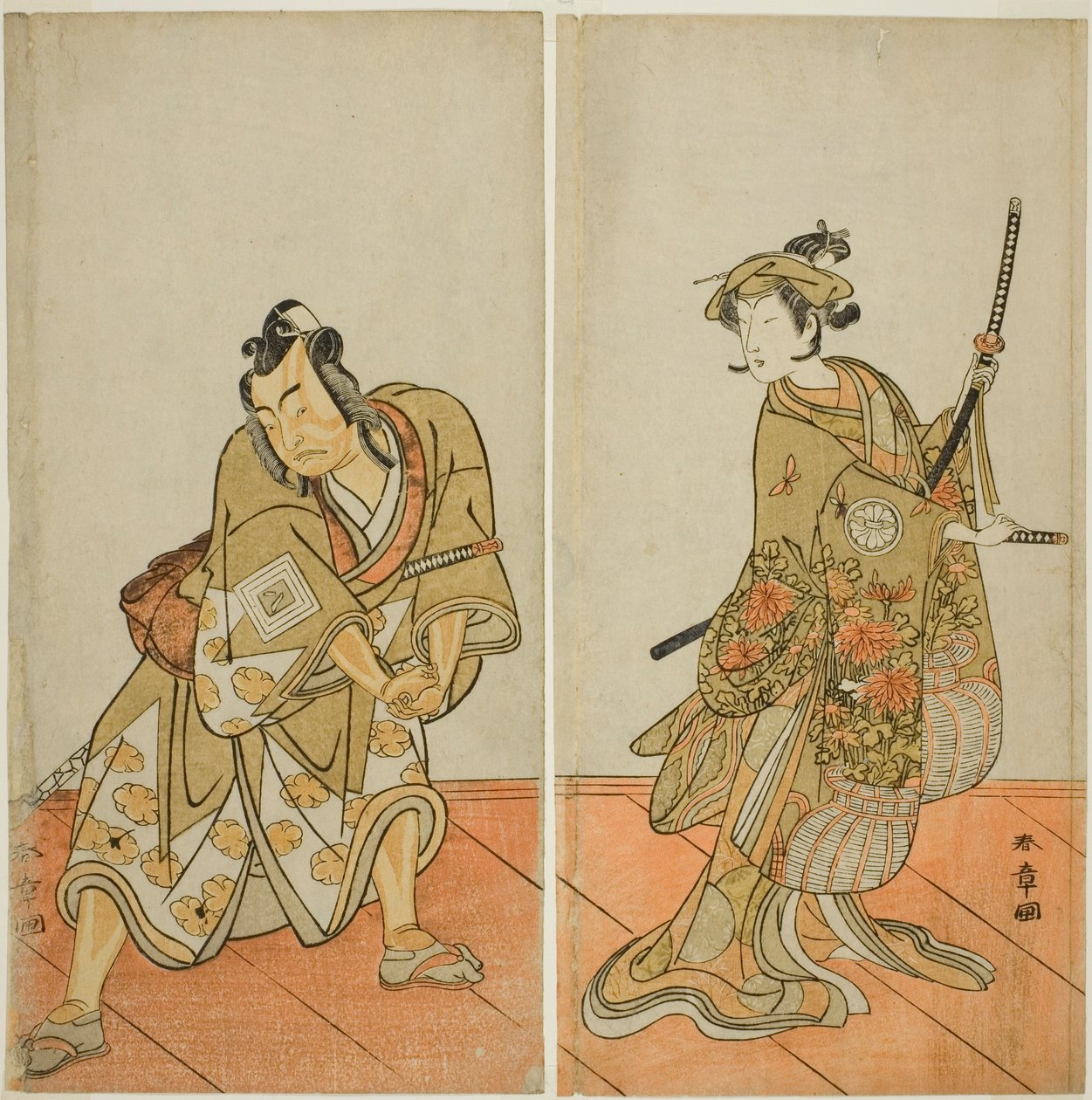 Gli attori Segawa Kikunojo III come Aigo no Waka (destra), e Ichikawa Yaozo II come Hachio-maru Aratora (sinistra), nella commedia Chigo Sakura Jusan Kane, rappresentata al Teatro Ichimura nell