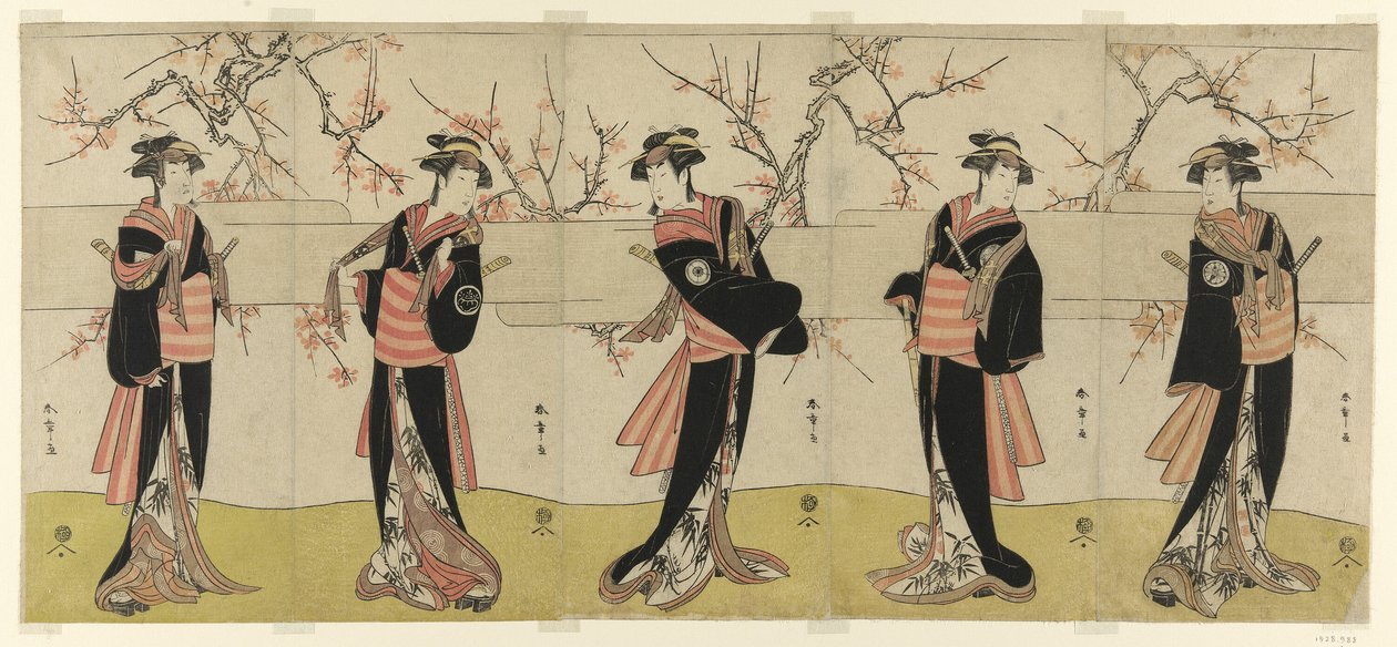 Gli attori Segawa Kikunojo III come Karigane Obun, Nakayama Tomisaburo I come An no Oyasu, Iwai Kiyotaro II come Kaminari no Osha, Nakayama Tatezo I come Gokuin no Osen, e Ichikawa Monnosuke II come Hotei no Oichi (da destra a sinistra), in "Gonin Onna," S da Katsukawa Shunsho
