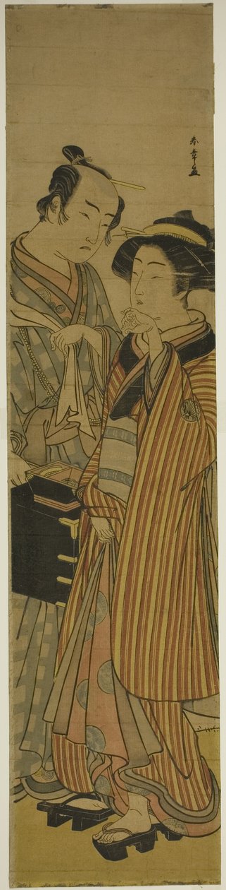Gli attori Segawa Kikunojo III come Okoma (destra), e Arashi Sangoro III come il parrucchiere Obana Saizaburo (sinistra), nella commedia Koi Musume Mukashi Hachijo, rappresentata al Teatro Nakamura nel terzo mese, 1776 da Katsukawa Shunsho