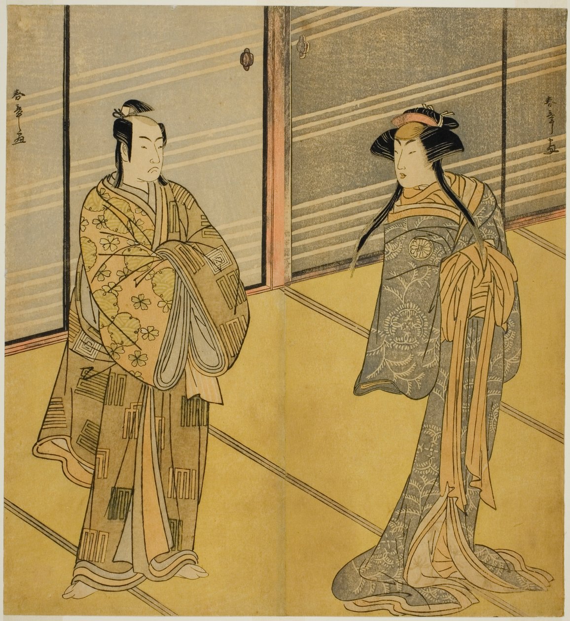 Gli attori Segawa Kikunojo III come lo spirito di Joro-gumo (Ragno prostituta) travestito da Maiko Tsumagiku (destra), e Ichikawa Monnosuke II come Urabe no Suetake (sinistra), nella commedia Shitenno Tonoi no Kisewata, rappresentata al Teatro Nakamura nel da Katsukawa Shunsho