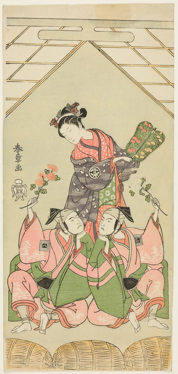 Gli attori Segawa Kikunojo II come la balia Reizei, Ichikawa Komazo I come Suruga no Hachiro nei panni del suonatore di shamisen Kichiroku (a destra), e Ichikawa Yaozo II come Tada no Kurando nei panni del portatore di palanchino Kichinai (a sinistra), nel da Katsukawa Shunsho