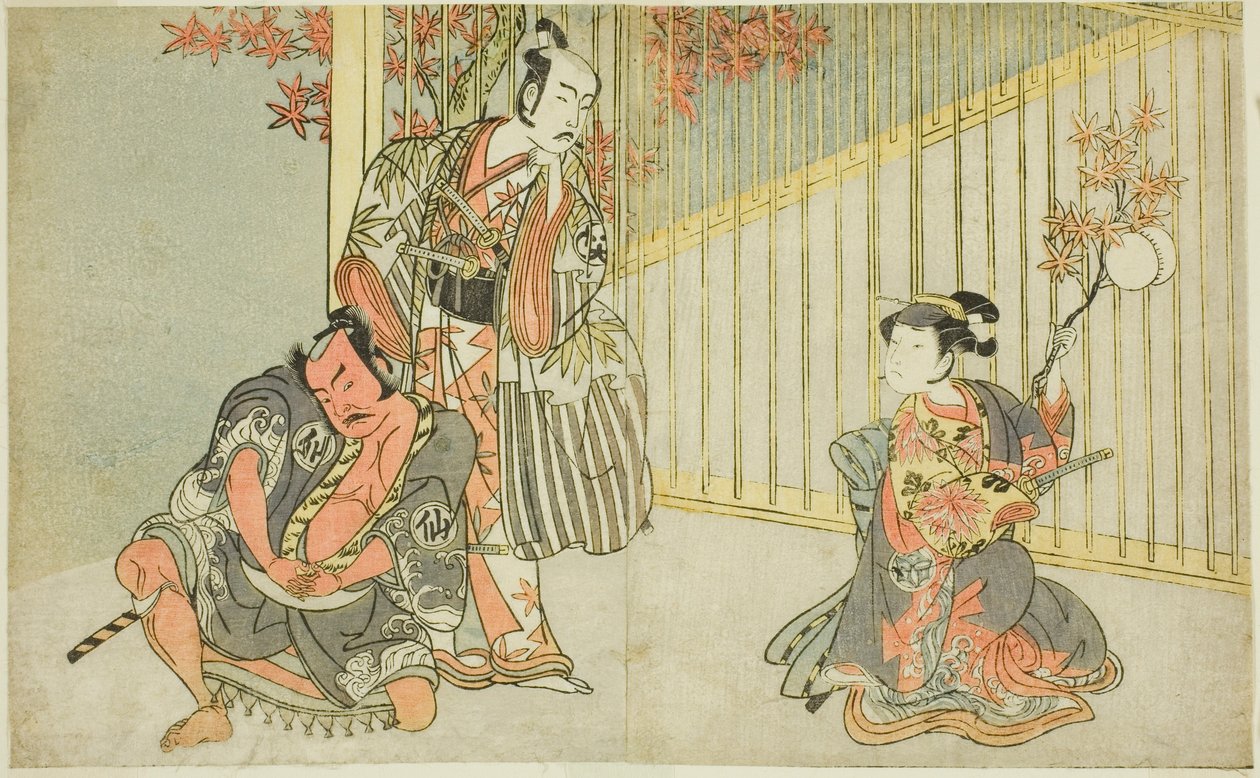 Gli attori Yamashita Kinsaku II come Mutsuhana (destra), Bando Mitsugoro I come Kashiwagi no Emon (centro), e Nakamura Sukegoro II come Akamatsu Mushanosuke (sinistra), nella commedia Fuki Kaete Tsuki mo Yoshiwara da Katsukawa Shunsho