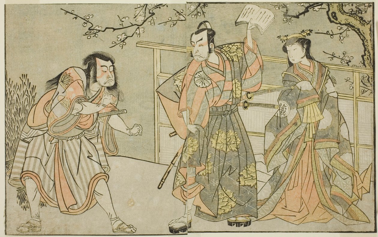 Gli attori Yamashita Yaozo I come Ono no Komachi (destra), Matsumoto Koshiro II come Godai Saburo (centro), e Ichikawa Danzo III come Otomo no Kuronushi (sinistra), nella commedia "Kuni no Hana Ono no Itsumoji," eseguita al Teatro Nakamura nell