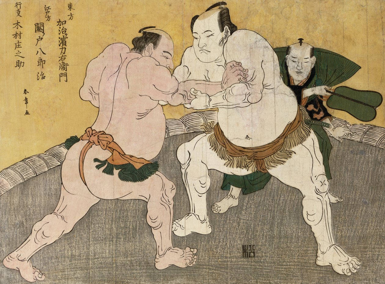 Il match di lotta tra Kimenzan Tanigoro ed Edogasaki Gemji da Katsukawa Shunsho