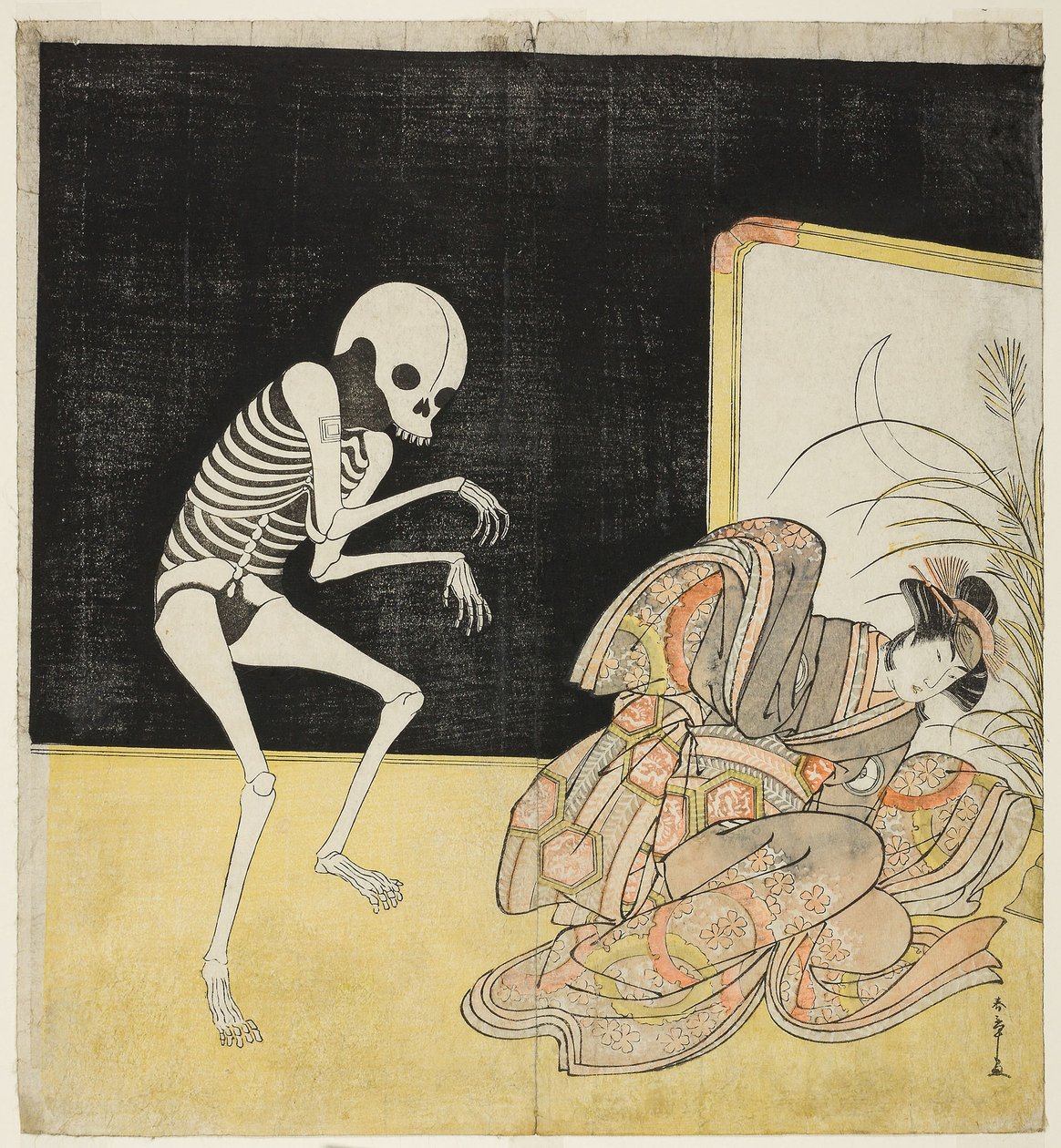 Gli attori Ichikawa Danjuro V come scheletro, spirito del monaco rinnegato Seigen (sinistra), e Iwai Hanshiro IV come Principessa Sakura (destra), nella commedia 