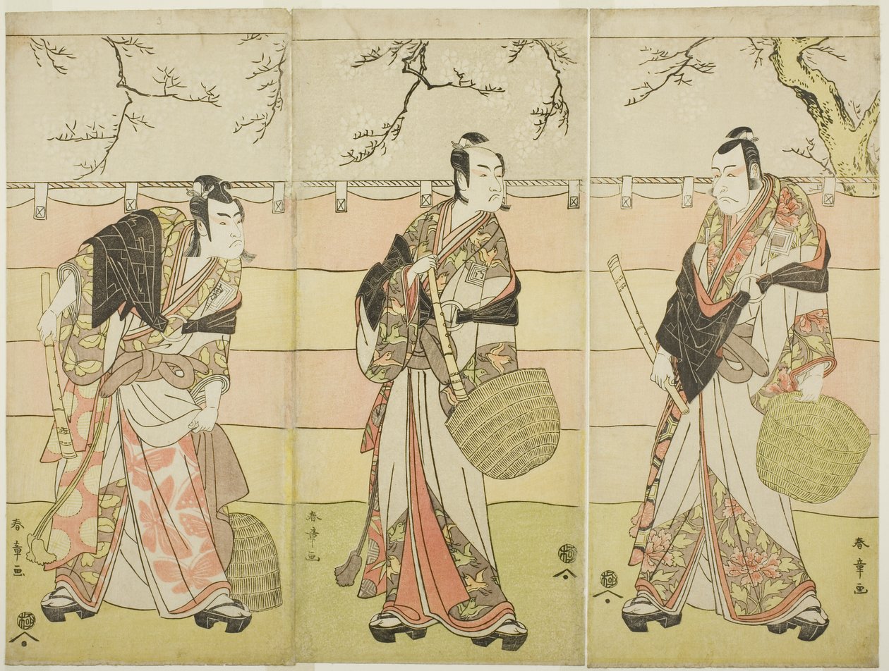 Tre monaci Komuso: Gli attori Ichikawa Ebizo (Danjuro V) come Kudo Suketsune (destra), Ichikawa Monnosuke II come Soga no Juro Sukenari (centro), e Ichikawa Omezo I come Soga no Goro Tokimune (sinistra), nell