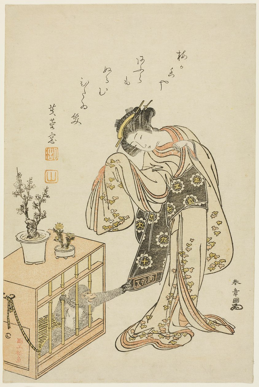Giovane Donna con una Scimmia in Gabbia (Stampa del Calendario per il Nuovo Anno 1776) da Katsukawa Shunsho