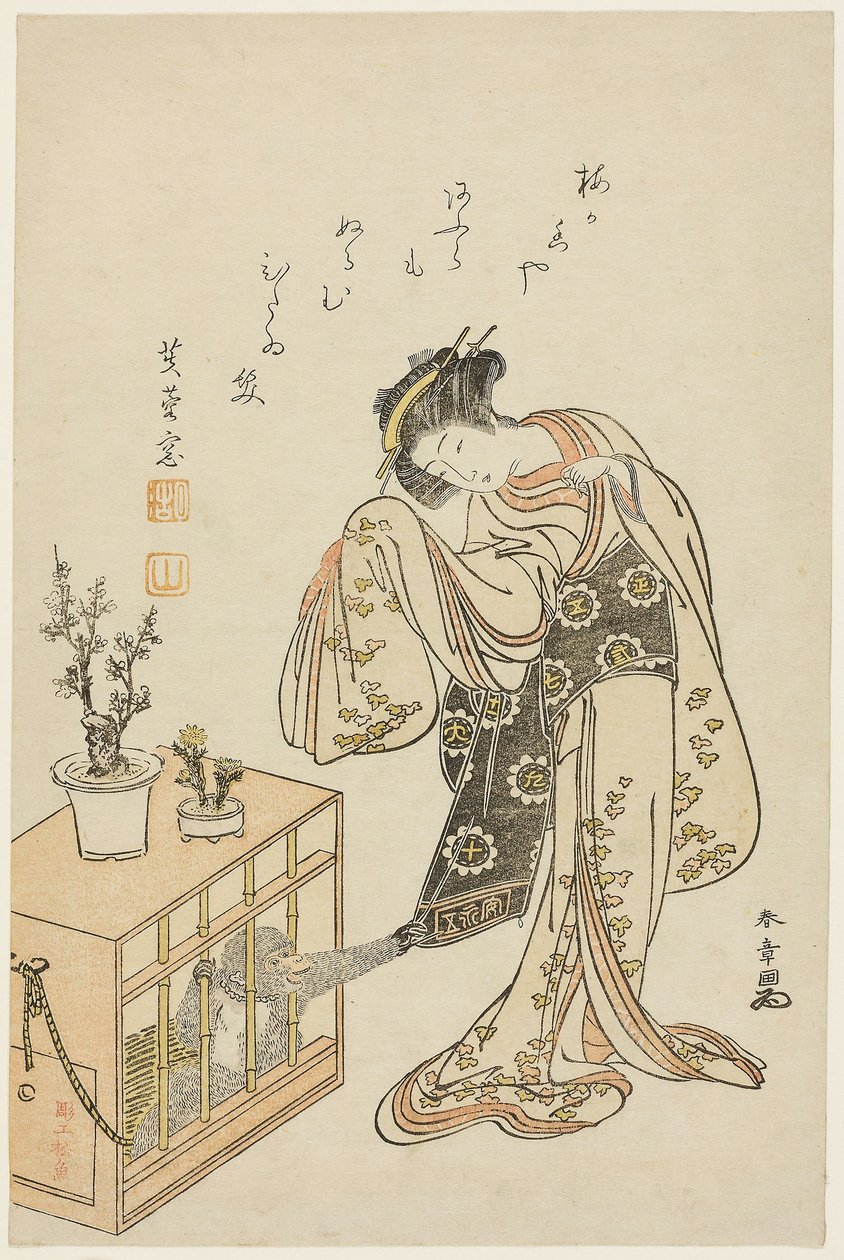 Giovane donna con scimmia in gabbia (Stampa calendario per il Capodanno 1776) da Katsukawa Shunsho