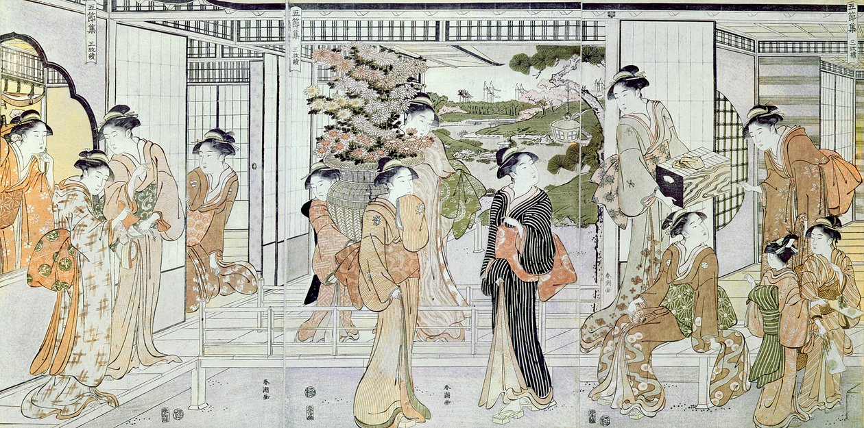 Giovani donne con un cesto di crisantemi da Katsukawa Shunsho