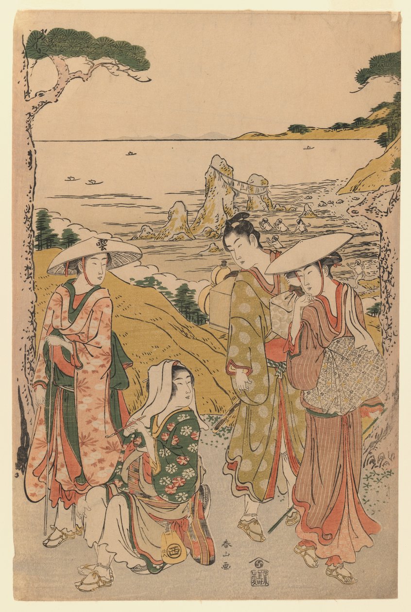 Un gruppo di pellegrini da Yedo fuori da una casa da tè sulle colline dietro la spiaggia di Futami che ammirano il panorama, 1795 da Katsukawa Shunzan