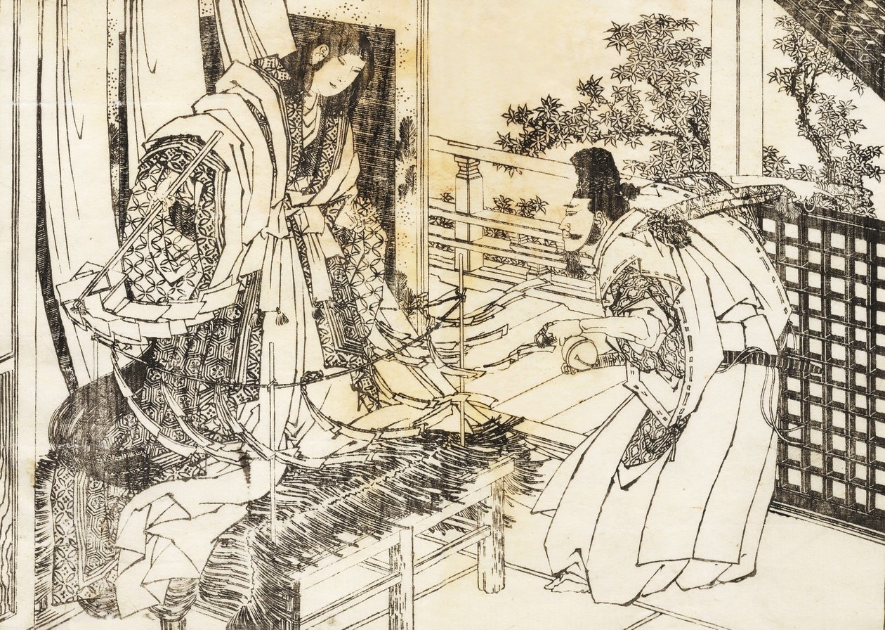 Una donna nel santuario shintoista ha un bastone con molte foglie di carta da Katsushika Hokusai